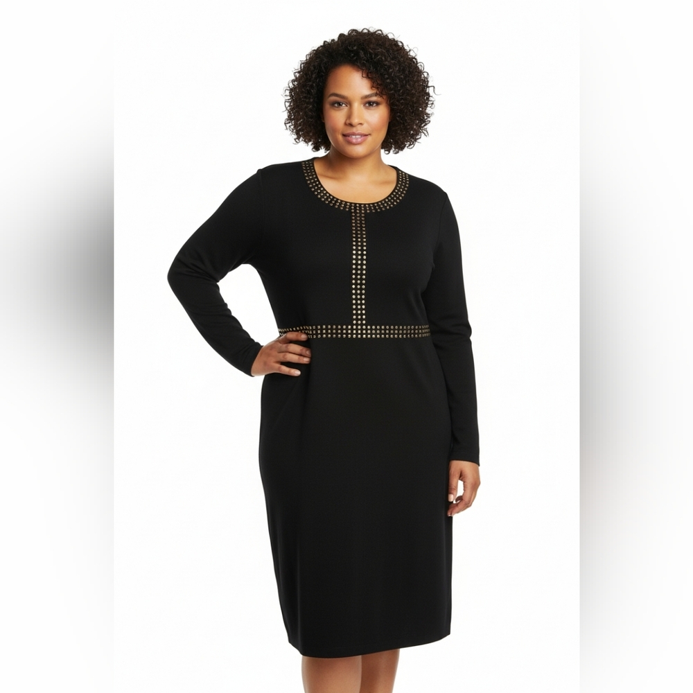 EXCLUSIVELY MISOOK BLACK AND‎ GOLD KNIT WOMEN'S LONG SLEEVES 0X DRESS